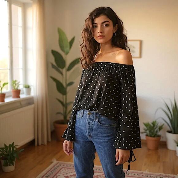 One Teaspoon for Free People Bonnie Ace Off Shoulder Dot Top Size 8 - Picture 1 of 11